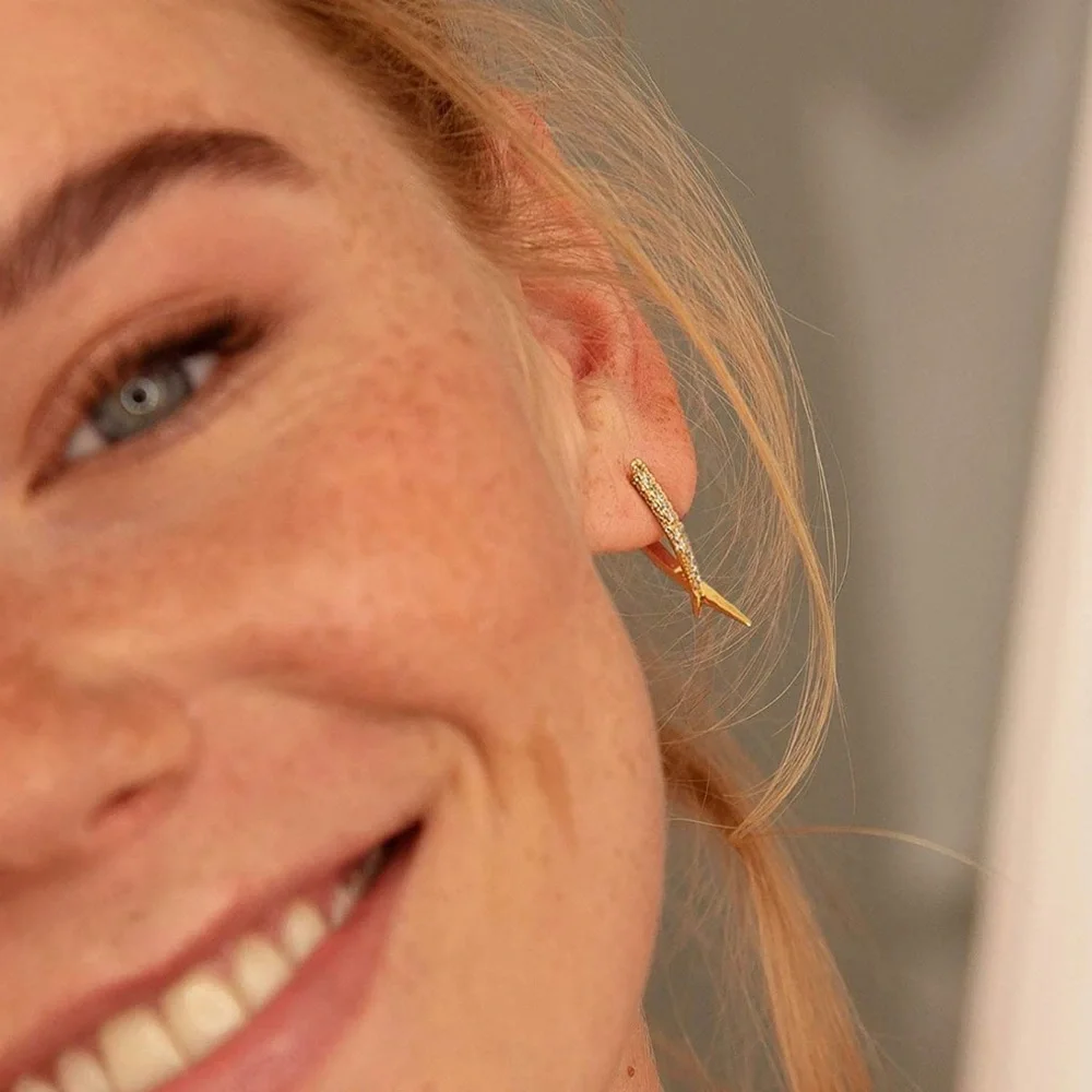 :: [GOLD] Delicate Pavé Hoops Dagger Spike Huggie Earrings - Picture 5 of 6